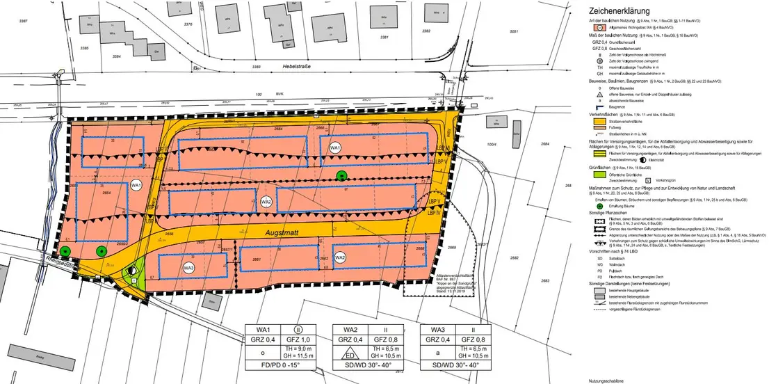 Bauplan für das Gebiet 'Augstmatt', der geplante Wohngebiete (orange markiert), Straßen (gelb hervorgehoben) und Grünflächen (grün markiert) zeigt. Der Plan enthält eine Legende mit Erklärungen zu Flächennutzung und Bauvorschriften."