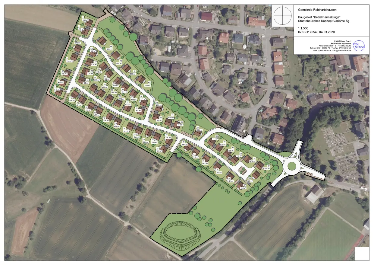 Übersichtskarte des Baugebiets 'Bettlmannsklinge' in Reichartshausen. Markiert sind geplante Wohnhäuser, Straßen und großzügige Grünflächen. Der Plan grenzt an bestehende Wohnhäuser und Felder.