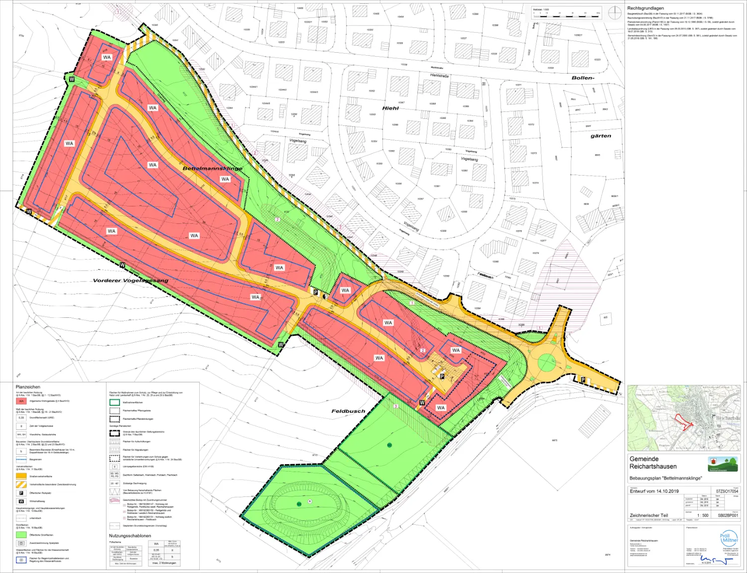 Ein Bebauungsplan der Gemeinde Reichartshausen mit dem Titel 'Bettmanns Wiese'. Der Plan zeigt farblich markierte Wohngebiete (rot) und Grünflächen (grün), sowie Straßen und Parzellierungen. Am unteren Rand befinden sich eine Legende und rechtliche Hinweise.